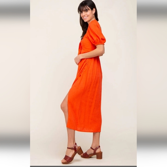 LUSH Orange/Red Linen Blend Front Tie Short Puff Sleeve Front Midi Dress.Size S - Picture 2 of 16
